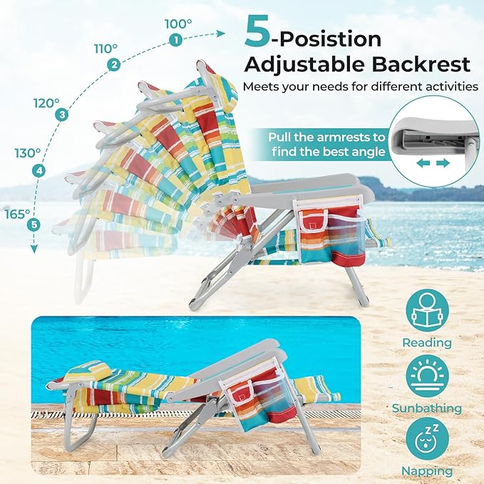 Giantex Backpack Beach Chair Foldable Camping Chair with 5 Adjustable Position Cup Holder Storage Pockets Straps Towel Rack Pillow Lay Flat Lawn Chair for Patio Outdoor Color Stripe