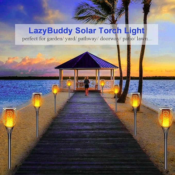 Large Solar Torch Lights Outdoor Flickering Flame Upgraded 3-in-1 Detachable Hanging Lanterns - IP65 Waterproof Auto On/Off Tiki Torches for Garden Pathway Ground Decor (6 Pack)