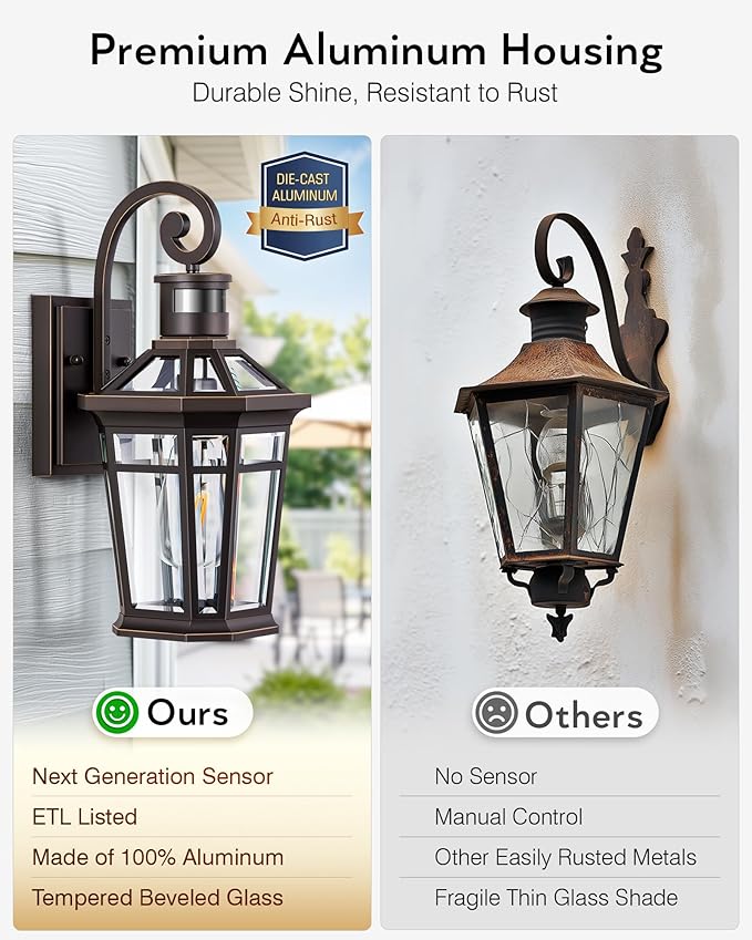 Motion Sensor Porch Lights Outdoor Wall Mount Oil Rubbed Bronze Exterior Wall Sconce Lantern with E26 Socket Waterproof Dusk to Dawn Outdoor Lighting Fixtures Coach Lights for Garage Patio
