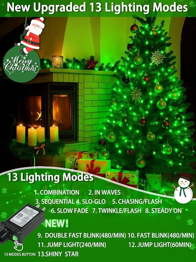 2-Pack 66FT 200 LED St. Patrick's Day Lights 13 Modes Extendable Christmas Tree Lights with Timer &amp Memory Waterproof Twinkle Fairy Lights Green Wire Outdoor String Lights Indoor for Xmas (Green