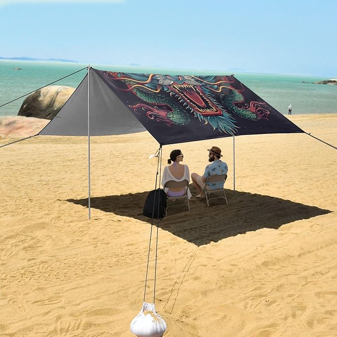 ALAZA Angry Chinese Dragon Beach Tent Sun Shelter UPF50+ Protection Beach Shade Canopy w/ 4 Sandbags for Outdoor Camping Fishing Backyard Fun Picnic 10x9 ft