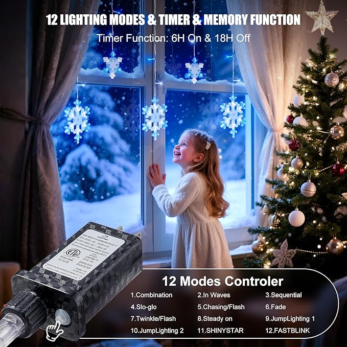 13 Ft 192 LED Snowflake Christmas Icicle Lights with 16 Drops 8 Modes and Timer IP65 Waterproof Connectable for Indoor Outdoor House Window Blue and White