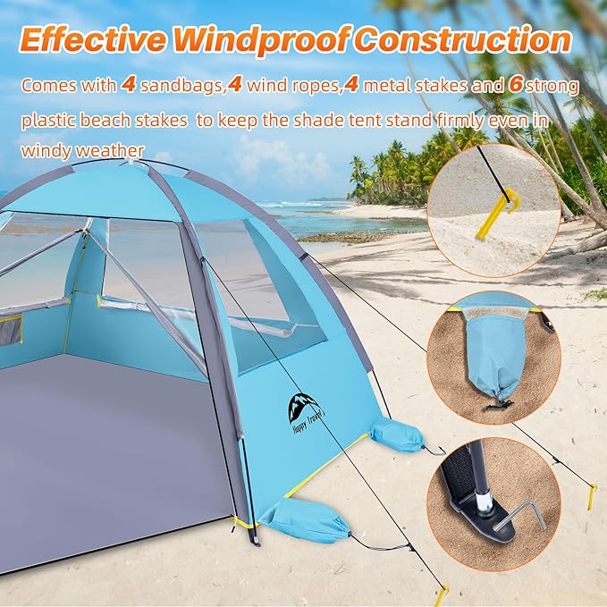 Happy Travel Beach Tent UPF 50+ UV Protection Sun Shade Shelter for 3/4/5/6/7/8 Person Portable Beach Canopy for Family &amp Baby Lightweight &amp Easy Setup Beach Cabana with 3 Ventilation Mesh