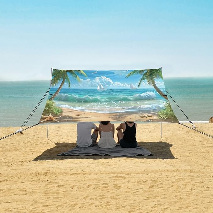 Beautiful Beach Scene Beach Tent Sun Shelter 9.2' x 10.5' Beach Canopy with 4 Sandbags 4 Stability Poles Sand Shovels - Tent Canopy for Beach Camping Fishing Picnics