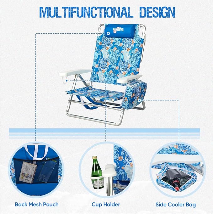 Old Bahama Bay Backpack Beach Chair 2 Pack Aluminum Lightweight Reclining 5-Position Lounge Chair for Adults Heavy Duty Support 400 LBS Portable Folding with Cooler Bag Camping Chair for Sand Outdoor