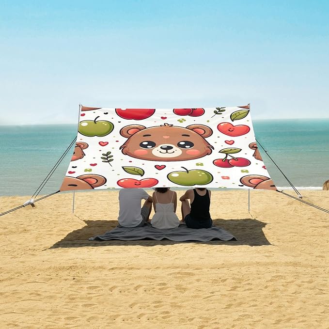 Cute Cartoon Bear Face with Cherry Camping Sun Shelter Beach Tent Portable Beach Sun Shade Outdoor Canopy for Camping Trips Fishing Picnic