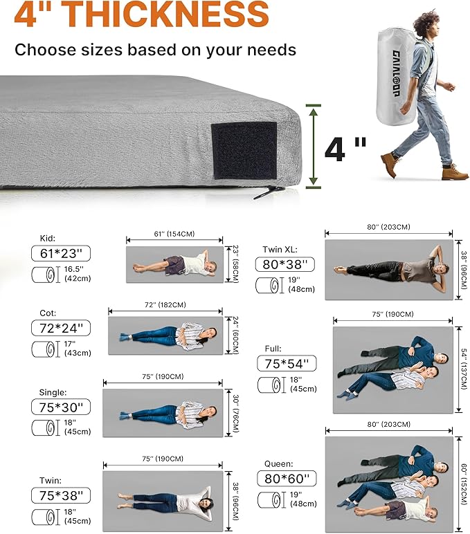 4 INCH Extra Thick Memory Foam Camping Mattress 30D Foam Camp Pad for Car Tent Cot Roll Up Mattress for Guests Sleepovers RV Truck Camper