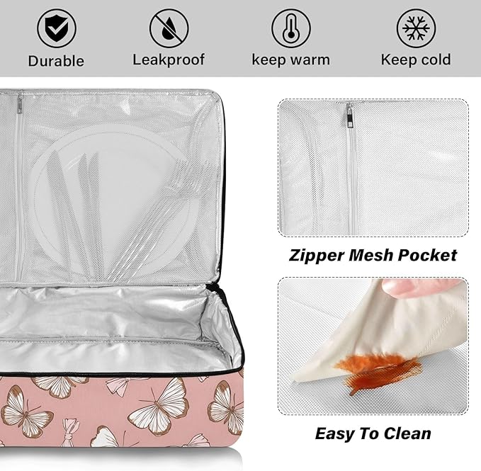 Casserole Carrier Elegance Pattern Pink ButterfliesInsulated Casserole Carrier for Hot or Cold Food Thermal Lunch Tote for Potluck Parties Picnic Beach Fits 9 x 13 Inches Baking Dish