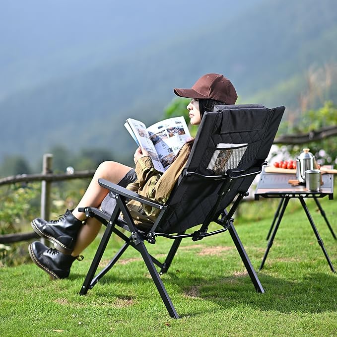 Aluminum Reclining Camping Chair Heavy Duty Folding Lawn Chairs with 4-Stage Adjustable High Back for Adults Compact Foldable Outdoor Patio Reclining Chair (Black 1 Pack)