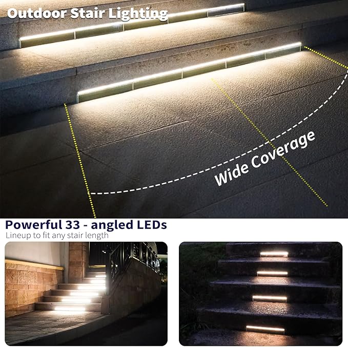 Solar Step Lights for Outside 33 Focused-Beam High-Brightness LEDs Waterproof Aluminum Outdoor Stair Light for Risers Curbsides Poolsides Planter Edges (Warm White 8Pack)