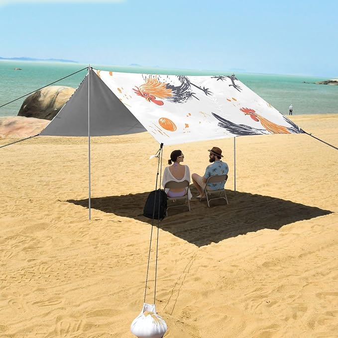 Rooster Eggs White Background Pattern Camping Sun Shelter Beach Tent Portable Beach Sun Shade Outdoor Canopy for Camping Trips Fishing Picnic