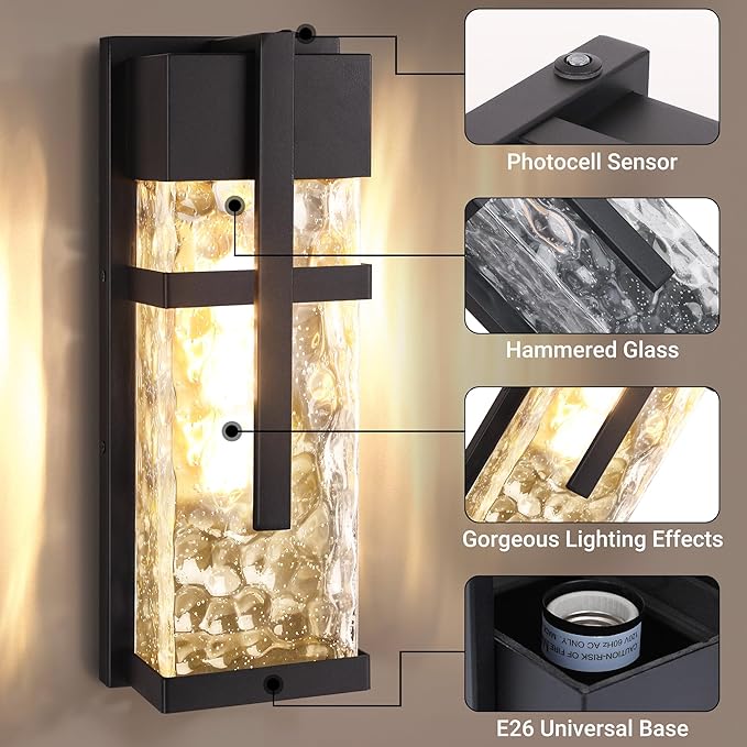 Hammered Glass Outdoor Wall Lantern Dusk to Dawn Wall Sconce Lighting 2 Pack Outdoor Light Fixtures Exterior Porch Light with Waterproof Modern Wall Lamp for Garage Doorway Patio(Bulb Included)