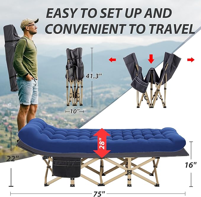 Folding Camping Cot for Sleeping Portable Cots for Adults Heavy Duty Cot Bed 550LBS(Max Load) Extra Wider Cots with Large Pocket for Outdoor Office Beach