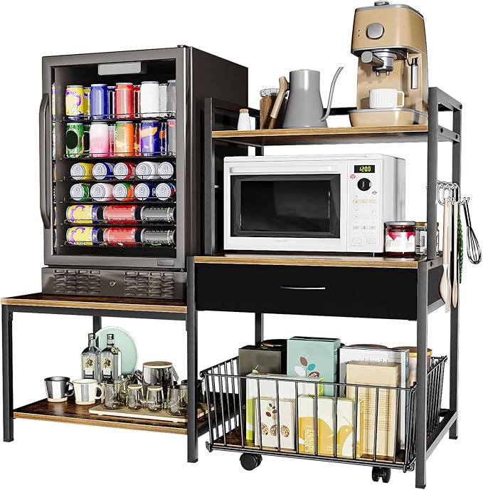 Bakers Rack with Mini Fridge Stand &amp Microwave Shelf – Coffee Bar with Drawer Rolling Basket Storage &amp Hooks – Heavy Duty Kitchen Organizer for Apartments Dorms &amp Living Rooms Brown