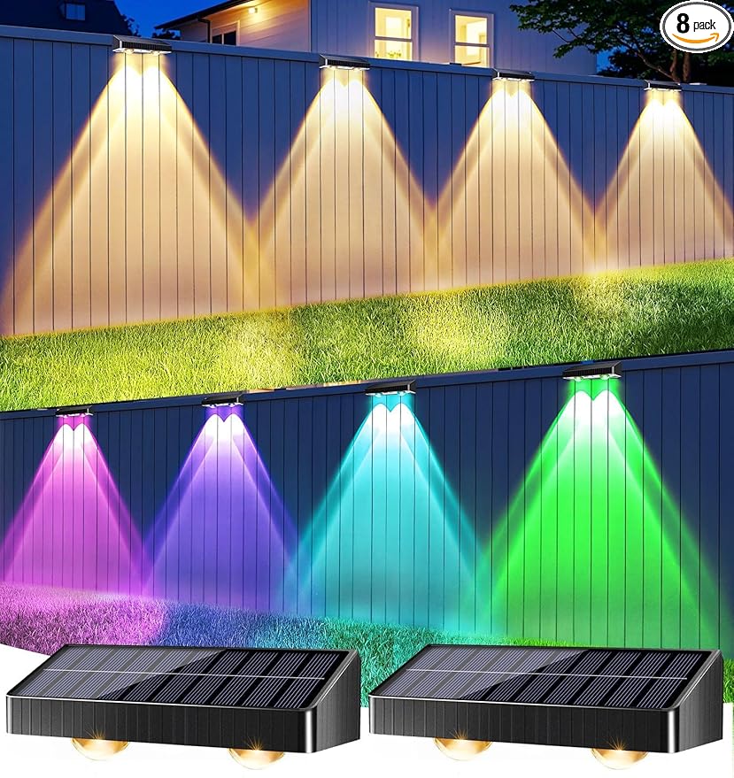 BrizLabs Fence Solar Lights Outdoor 8 Pack 9 Colors &amp 11 Modes Color Changing Deck Lights 250lm Red White &amp Blue Fence Deck Light IP65 Waterproof Solar Wall Light for Outside Backyard Stair