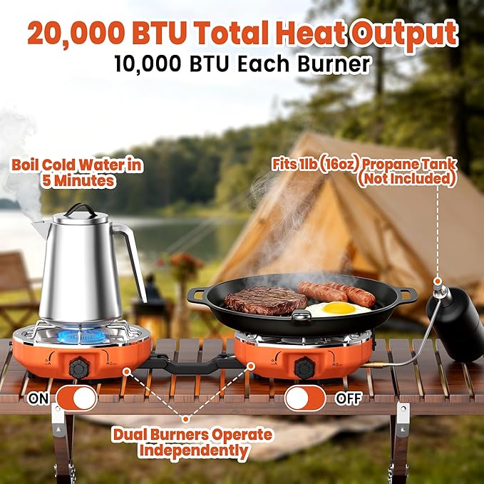 20000 BTUs 2 Burner Propane Camping Stove Portable Folding Camp Stove with Adjustable Burners Regulator and Carrying Bag Dual Gas Stoves Easy Carrying Handle for Tailgating Camping BBQ