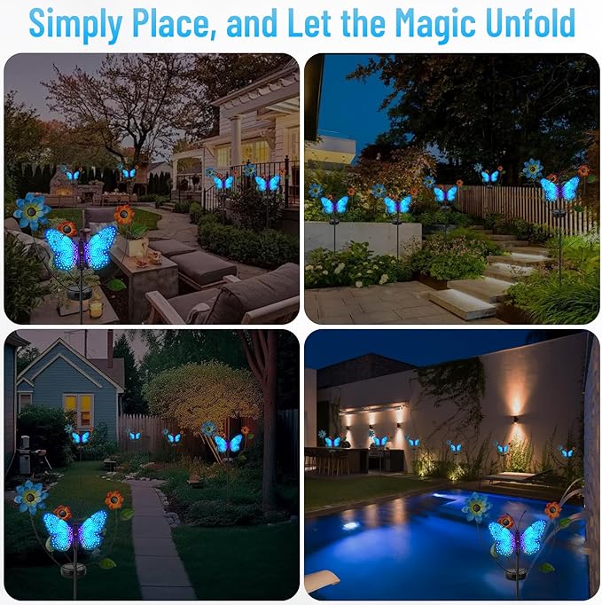 Solar Butterfly Garden Lights 2 Lighting Modes Colorful LED with Flower &amp Butterfly Decor Waterproof Solar Stake Lights for Garden Yard Patio Lawn Pathway (Blue)