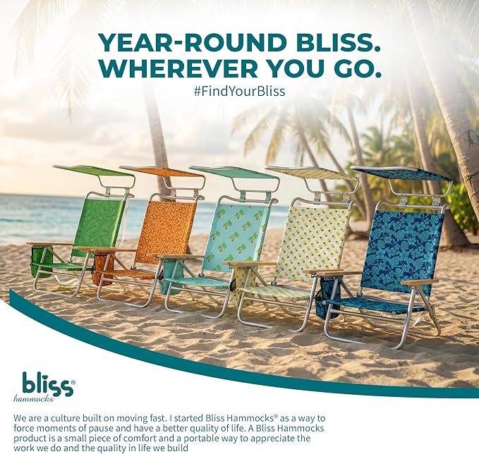 Bliss Hammocks Folding Beach Chair Adjustable Recliner Outdoor Backpack Seat with Canopy and Storage Pouch 275 lb Capacity Pineapple