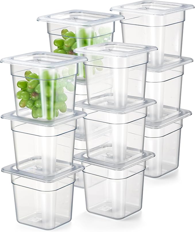 CURTA 12-Pack 1/6 Size 6 Deep NSF Polycarbonate Food Pan with Notched Lid &amp Drain Tray | Dishwasher &amp Freezer Safe Clear Container for Prep Tables Buffet Salad Bar Commercial Kitchen