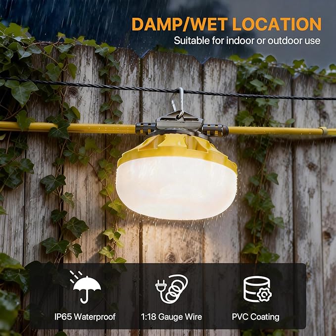 LED Construction String Lights: 50FT IP65 Waterproof ETL Certified Crawl Space Lights - 5000lm 18AWG Wire Linkable Temporary Construction Lighting for attic Lights with 5 Bulbs &amp Hooks