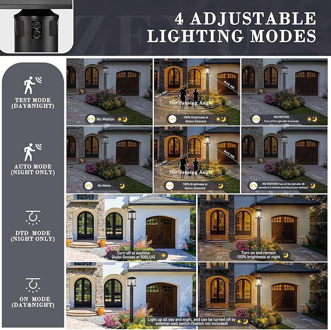 zeyu 12.2-Inch Outdoor Lamp Post Light Fixture 360° Detection 4 Modes Exterior Sensor Post Light Die-Cast Aluminum with Clear Glass Shade Black Finish 0409-P-SE BK