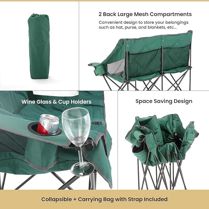 ARROWHEAD OUTDOOR Portable Folding Double Duo Camping Chair Loveseat w/ 2 Cup &amp Wine Glass Holder Carrying Bag Supports up to 500lbs