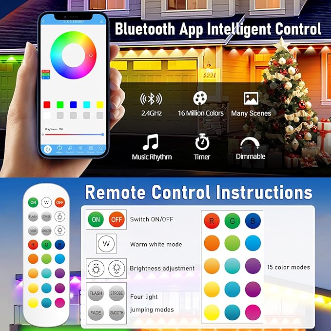 MUCCCUTE Permanent Outdoor Lights for Holidays Easter 200ft RGB House Light w/App &amp Remote Control Smart Rainbow LED IP67 Waterproof for New Year Christmas Roof Eaves Garden Décor All Year Around