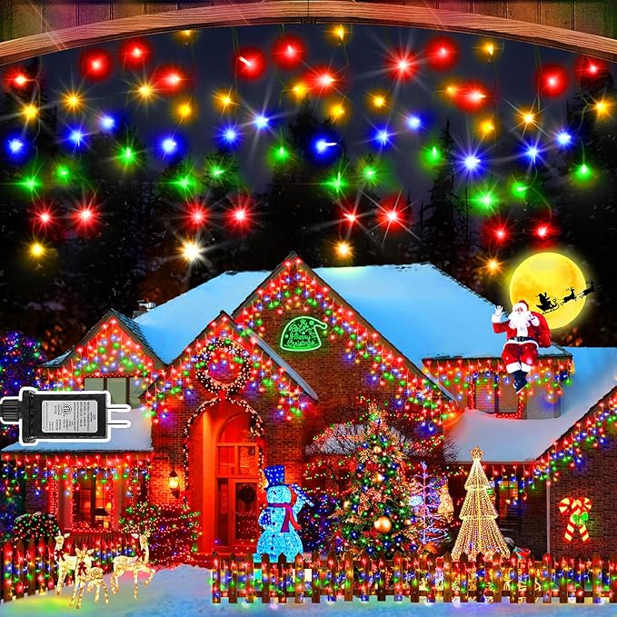 Hezbjiti 400LED Christmas Icicle Lights - 33FT Dark Green Wire with 8 Modes &amp 75 Drops for Outdoor Decor