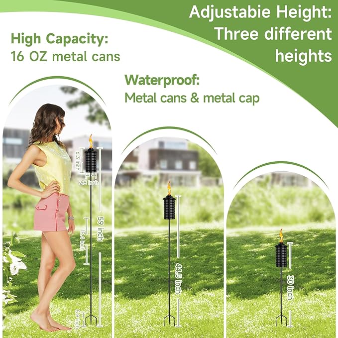 ZSZMFH 4 Pcs Metal Torch for Outside 16oz Outdoor Metal Torch Garden Décor59-Inch Upgraded Citronella Torches with 3-Prong Grounded Stake Table Top Torches for Party Patio Pathway