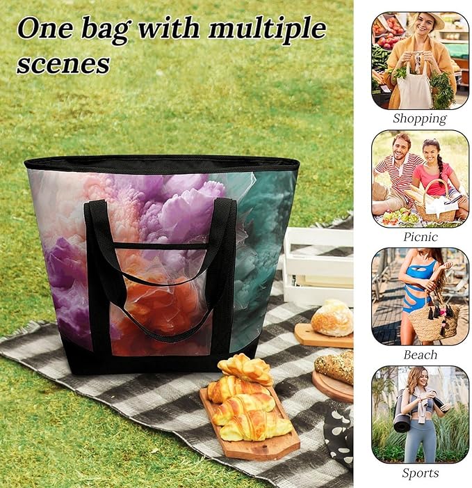 Insulated Shopping BagLarge Reusable Cooler Bags Colorful Printed Foldable Shopping BagTravel Waterproof Shoulder Bag