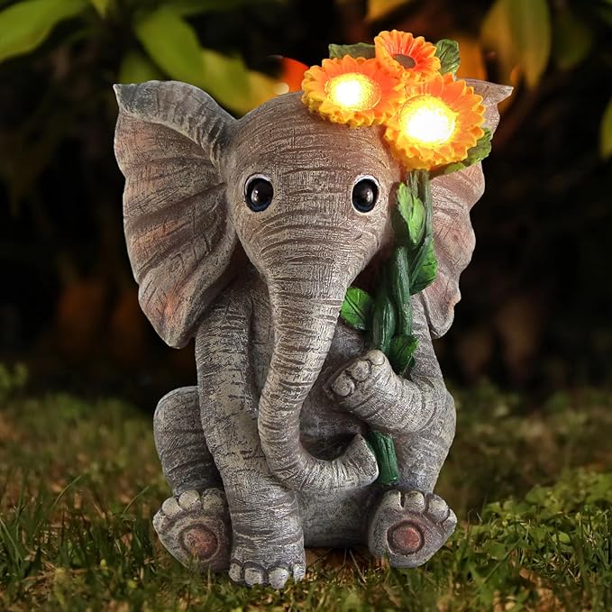 Outdoor Sculpture Figurine Statue Elephant DecorSolar Garden Statues for Patio Home Yard DecorGood Luck Sunflower Elephant for Women Mom Gifts Housewarming Gift