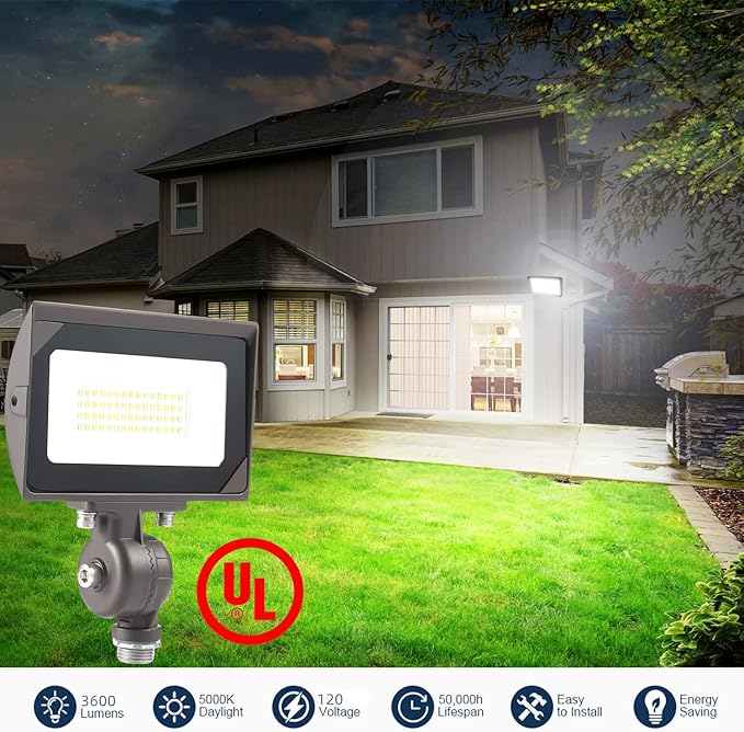 30W Outdoor LED Flood Light With 1/2 Knuckle Mount (Plate Included) 5000K Daylight 3600LM 120V UL Waterproof LED Security FLood Lighting for Wall Wash /Sign/Flagpole/Tree/Yards/Advertising Boards
