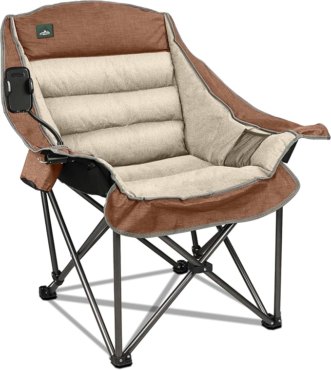Northroad Oversized XL Padded Camping Chair w/Cell Phone Holder Large Camp Chair Foldable Lawn Chair w/Cup HolderCarry Bag for Outdoor Hiking Picnics Heavy-Duty 400-lbs Capacity Moca