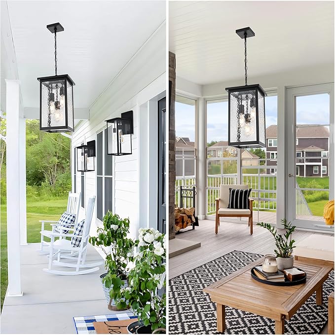 TODOLUZ Large 3-Light Outdoor Pendant Light Fixture Exterior Hanging Porch Lighting with Hammered Glass Adjustable Long Chain &amp E26 Bulb Base