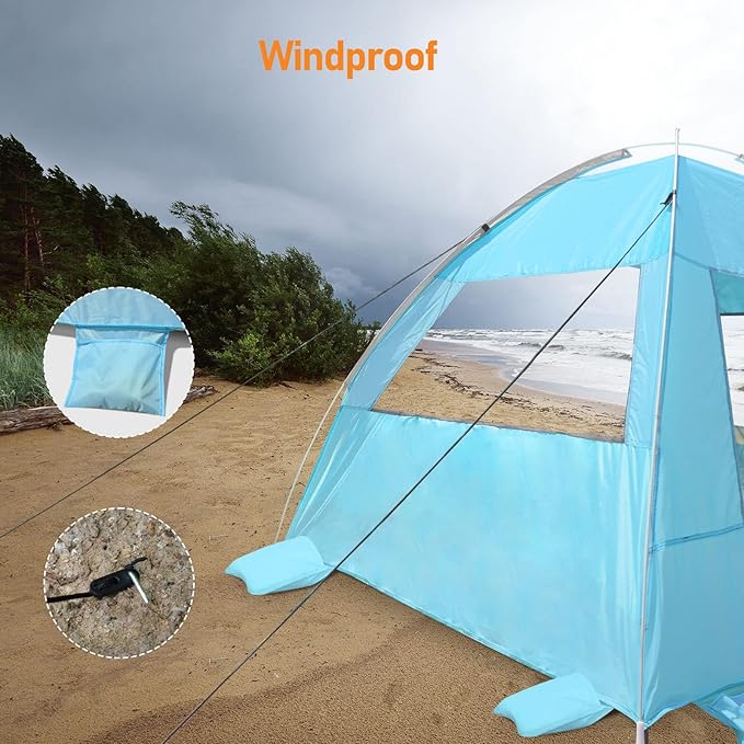 2 Person Pop Up Beach Tent Anti-UV Beach Shelter Easy Step Up 3 Mesh Windows and 6 Sandy Bags Keep Your Beach Trip Cool(Light Blue)