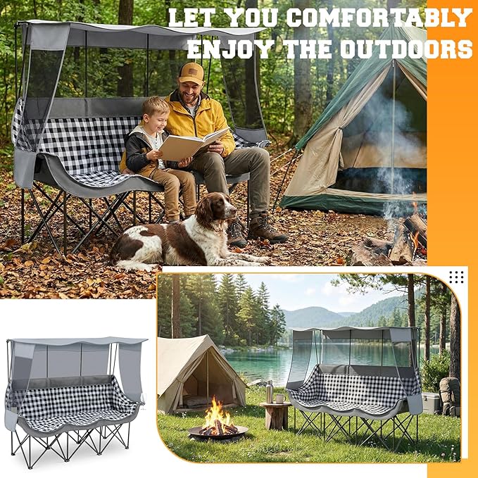 3 Person Camping Chair with Canopy Shade 700lbs Heavy Duty Oversized Beach Camping Chair with Thick Cushion Cup Holder and Carry Bag Foldable Portable Sofa for Lawn Beach Outdoor(Gray)