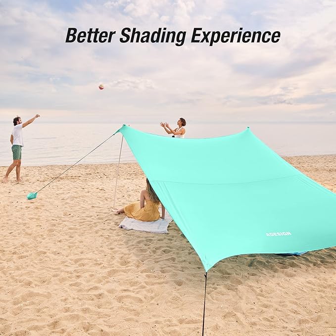 ADesign Windproof Beach Tent Sun Shelter with 8 Sandbags Wind Resistant Large Family Beach Canopy with Sand Shovel UPF50+ 6.5 FT Tall Easy Setup Sun Shade for Beach Vacation