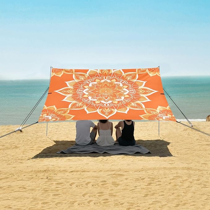 Orange Mandala Beach Tent Sun Shelter 9.2' x 10.5' Beach Canopy with 4 Sandbags 4 Stability Poles Sand Shovels - Tent Canopy for Beach Camping Fishing Picnics