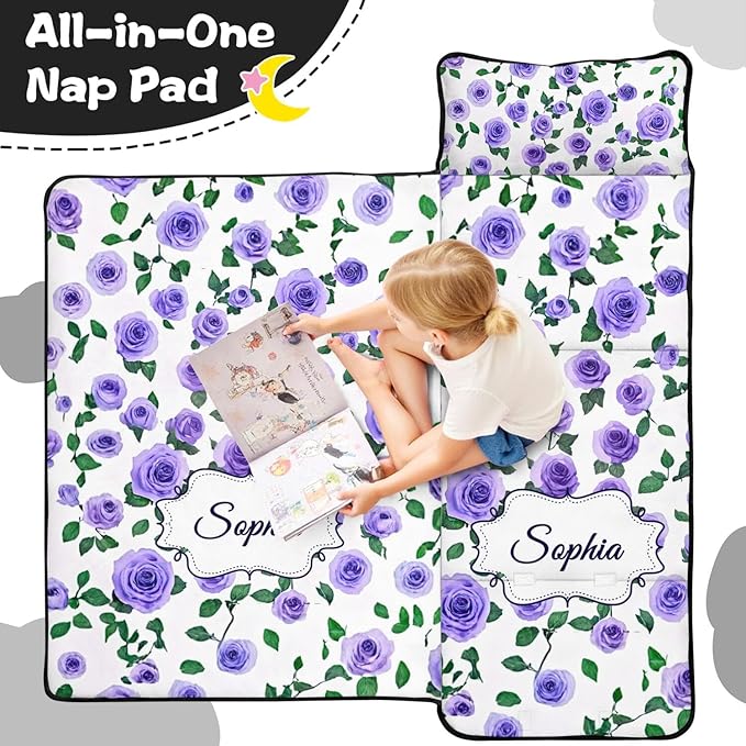 Custom Toddler Nap Mat with Name – Personalized Sleeping Bag for Kids with Pillow and Blanket Roll-Up Design
