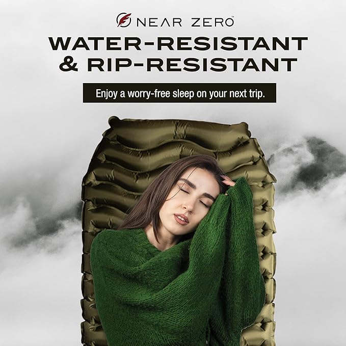 NEAR ZERO Ultralight Inflatable Sleeping Pad – Compact 14.5 oz Air Pad 2 Thick Quick Inflate with 11 Breaths Durable Rip-Resistant Nylon – Ideal for Backpacking &amp Warm Weather Green