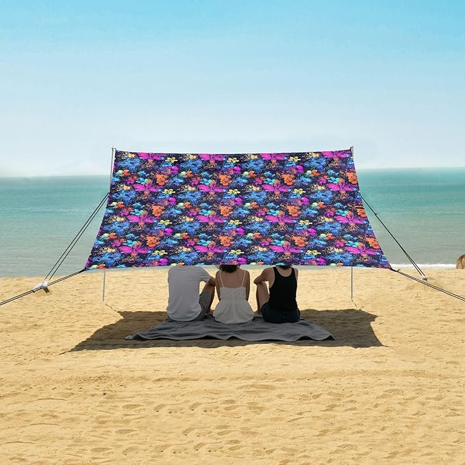 Camping Sun Shelters Pattern Blue and Pink Flowers Print Beach Canopy 126 * 110.2in