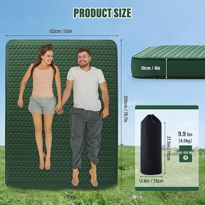 Self Inflating Double Sleeping Pad for Camping with Electric Pump 4 Inch Ultra Thick Memory Foam 2 Person Inflatable Sleeping Pad All Season Full Size Portable Camping Mattress for TravelTent (Green)