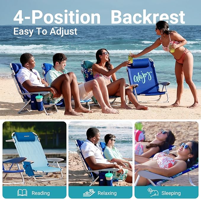 #WEJOY Folding Beach Chair for Adults 4-Position Lightweight Beach Chair Low Beach Chairs with Shoulder Strap Cup Holder and Headrest Supports 265lbs for Beach Lawn (Blue 2Pack)