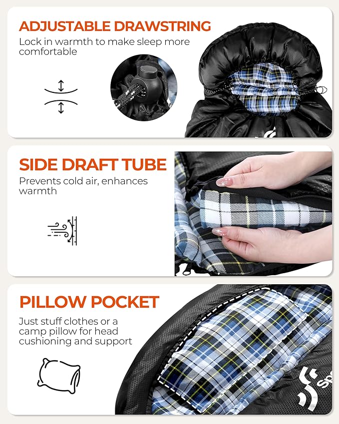 Sportneer 0 Degree Sleeping Bag for Cold Weather XL Winter Sleeping Bag for Adults Flannel Lined Camping Sleeping Bag 32°F–59°F Rated 87 x 33.5 4.4 lbs Detachable Hood Compression Sack