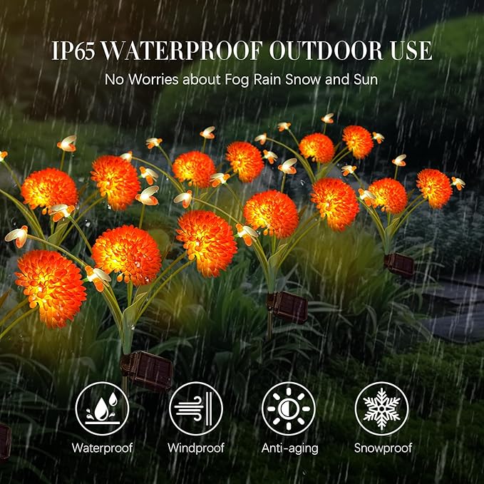 Solar Garden Lights 4 Pack Solar Swaying Bee Lights with Flowers Waterproof Firefly Light Outdoor for Garden Patio Yard Pathway Fall Decoration Gifts for Women Mother's Day