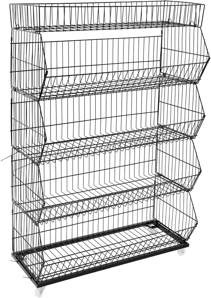 5 Tier Snack Rack Display Stand Market Merchandise Display Shelf with Wheels Vegetable Snack Basket Retail Store Supplies Large Metal Snack Shelf for Supermarket and Home Kitchen Black
