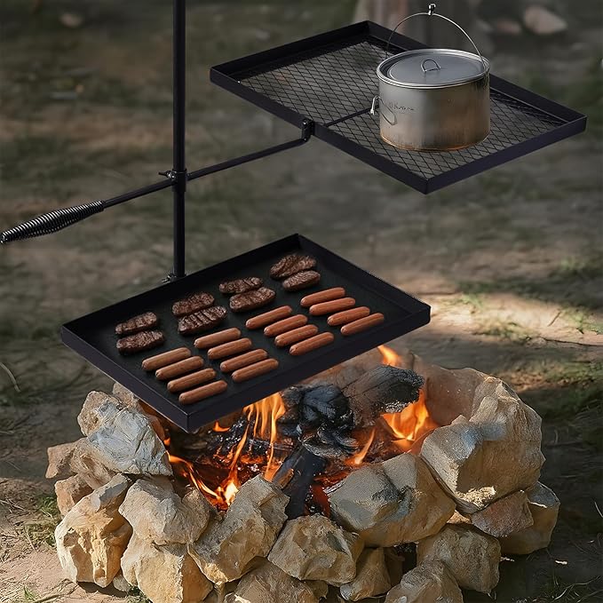 Outvita Swivel Campfire Grill Skillet Combo Portable Heavy Duty Camping Grill Grate with Height Adjustable Grill Grate and Grill Pan and Carry Bag Black