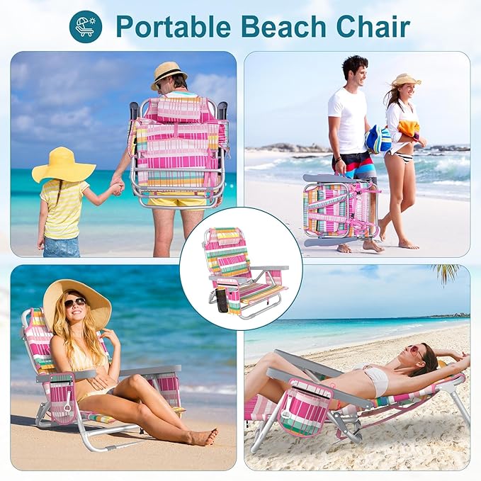 Suteck Beach Chair Adjustable 5-Position Backpack Beach Chairs for Adults Kids Foldable Lay Flat Chair with Cooler Bag Cup Holder and Lumbar Pillow Reclining Lay Down Chairs for Lawn Outdoor