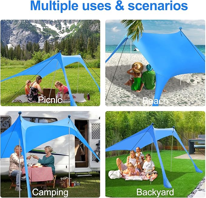 Beach Canopy Tent Sun Shade with UPF 50+ UV Protection Beach Tent Sun Shelter with Sandbags Poles and Ground Pegs and Anti-Wind Ropes for Outdoor Camping Backyard and Picnics