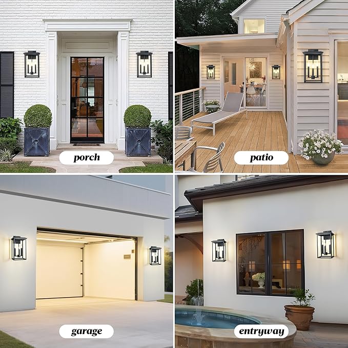 Modern Outdoor Wall LightsLarge Exterior Wall SconceBlack Porch Light FixtureOutdoor House Lights Wall MountWaterproof Outside Light For Garage Front Door With Thick Clear Glass E12 1 Pack